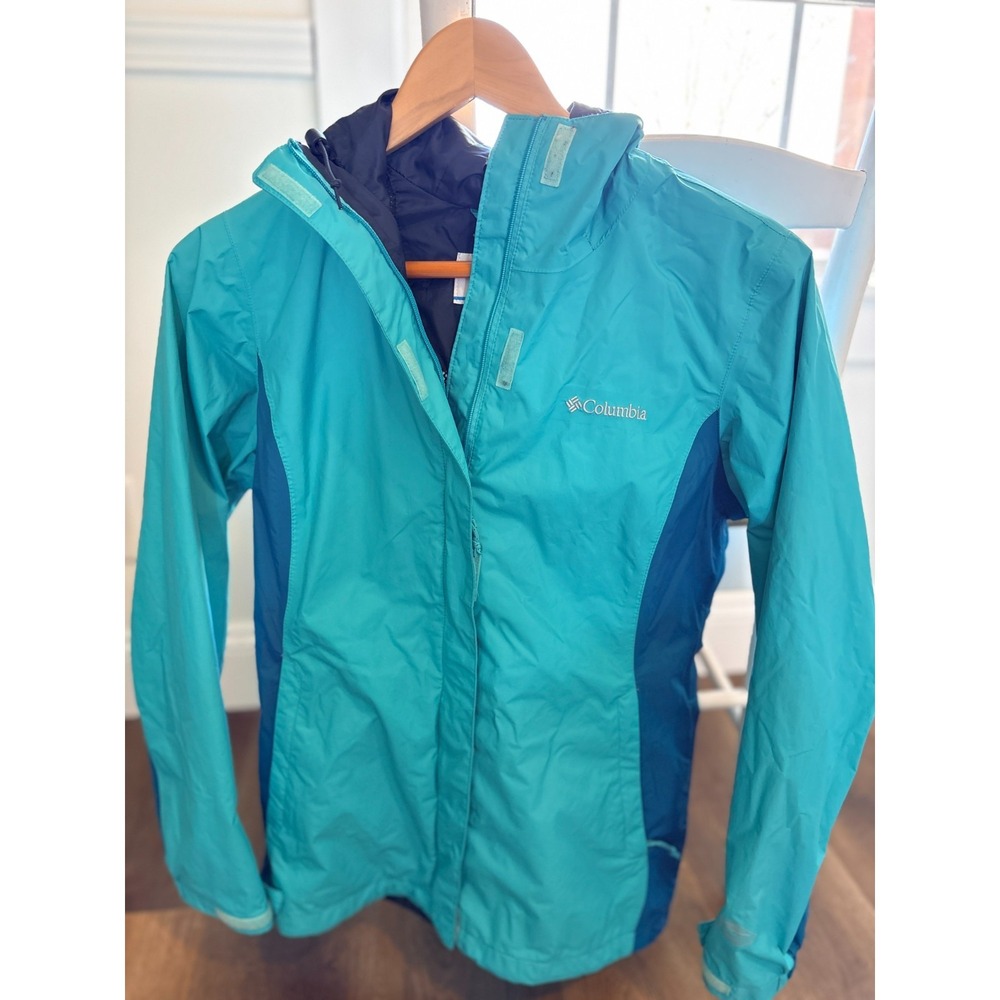 Columbia Blue Aqua Teal Hooded Windbreaker Jacket Omni-Tech Zipper Womens Size S
